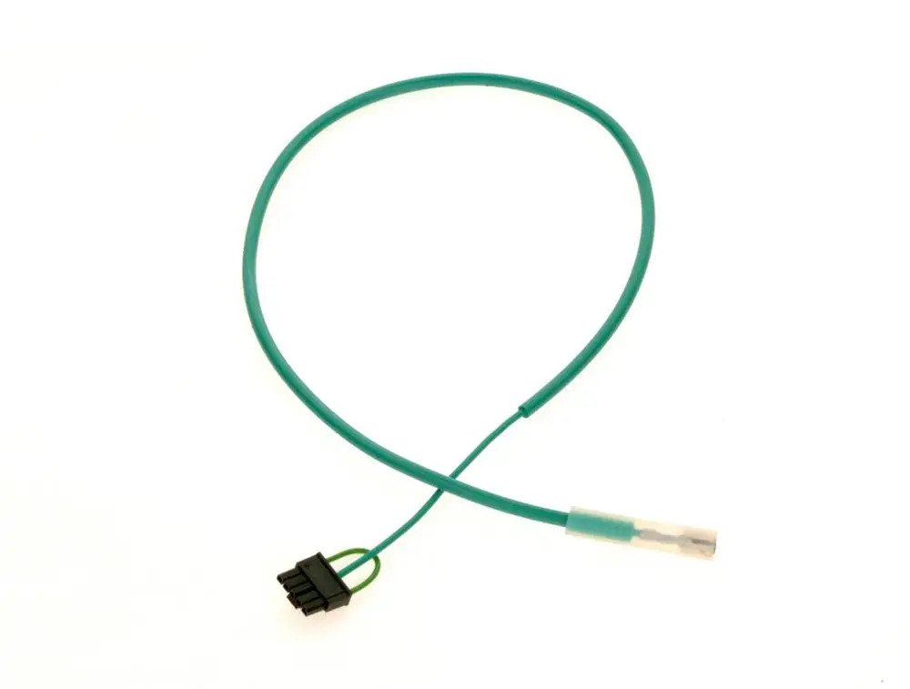 Grüne Leitung mit einem schwarzen Stecker und einem transparenten Anschluss, hergestellt von Bosch, vermutlich für die Verbindung in Heizsystemen oder Gasgeräten.